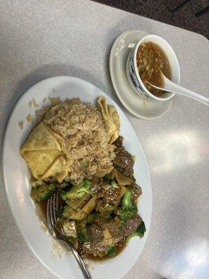 Beef and broccoli, hot and sour soup and crab ragoons