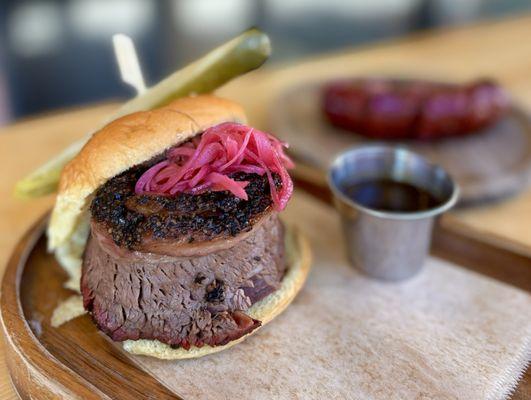 BOMB Brisket Sandwich w/ b&b pickles, habanero pickled onions | $18 (Back: Sausage-$9)