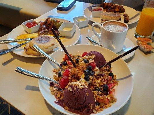 Clockwise from top: eggs anyway you want, mocha, acai bowl