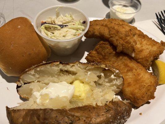 3 piece fish with baked potato $11 +tip