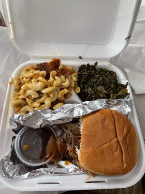 Pulled Pork Sandwich with Mac and Cheese and Collard Greens. Delicious and only $9 after tax