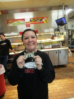 Monica - Our Awesome Order-Taker - with her -
 "Dollar-Bow-Tie" Award