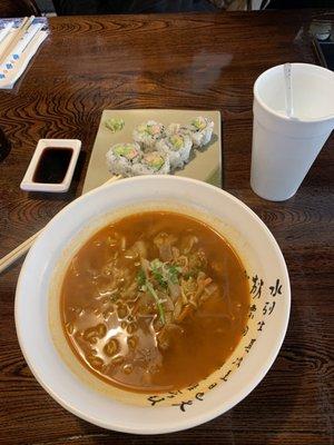 lunch combo Ramen Soup and cali roll.