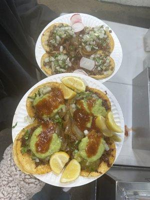 Asada tacos (top) Pastor tacos (bottom) Each taco comes with two tortillas.