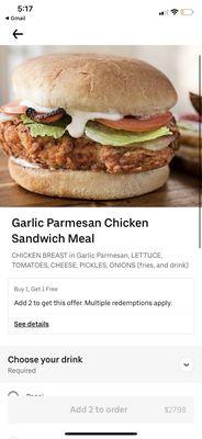 Garlic Parmesan Chicken Sandwich Meal advertised