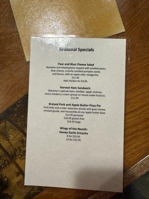 Seasonal Specials Menu