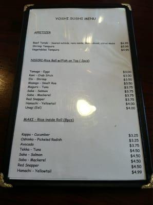 Sushi menu.  No sashimi here!