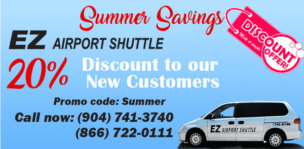 Summer Savings 20% New Customer Discount For Airport Transfers June, July, and August 2019 Book your door to door shuttle service with us.