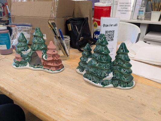 Xmas tree gifts. Starts brown and fires green. Need to add some paint and refire the one on the left.