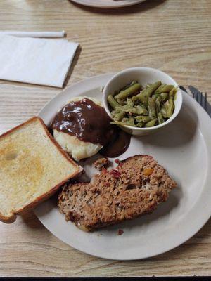 Meatloaf special with mashed potatoes, green beans, & Texas toast