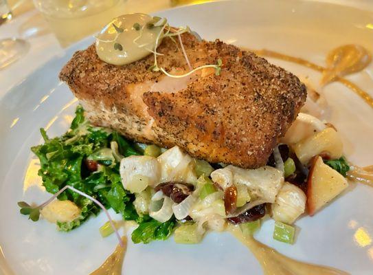 Salmon fall entree: turnip-apple hash, kale, and soy cashew aioli...seasoned well and cooked perfectly mid-rare.