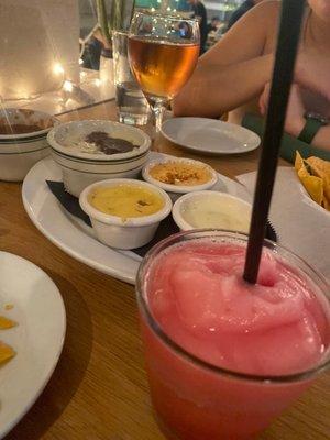 Queso Sampler, frozen Prickly Pear Margarita and a cava wine