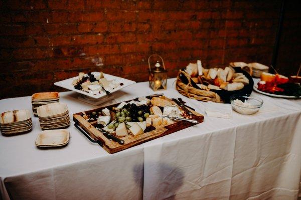 The cheese and crudités setup from our Wedding at the Greenpoint Loft.