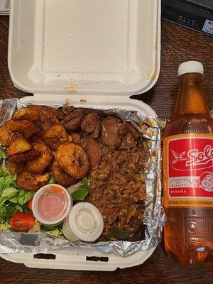 Chicken stew, pilaf, plantains, salad, banana soda.