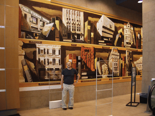 Bridgeview instructor Leo Kundas with his mural at Barnes and Noble.