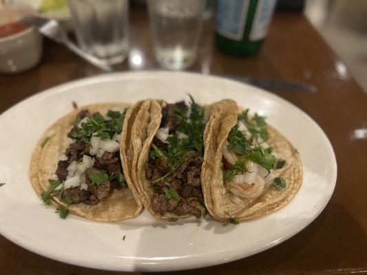 Steak tacos and shrimp taco