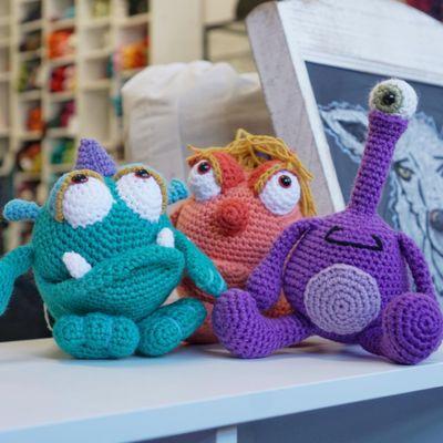 Our friend and window designer Huib Peterson's crocheted monsters.