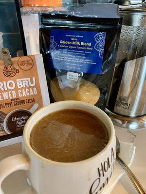 Golden Milk Blend added to Crio Bru cacao, sweetened with maple syrup, oat milk creamer and a dollop of coconut oil. Delicious