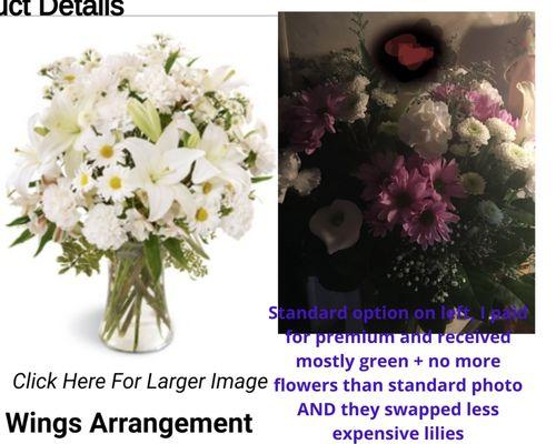 Sympathy flower arrangement. Left is standard price photo,