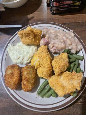 Catfish, jalapeño poppers, green beans, ham n beans