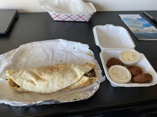 Gyro and Falafel with sides of hummus and tahini sauce