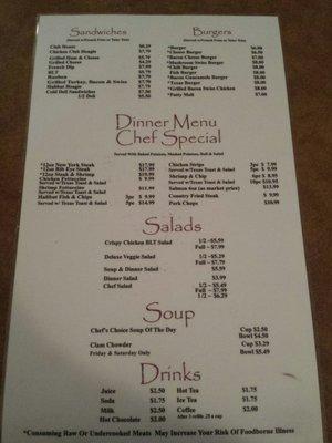 Menu back as of May 2017.