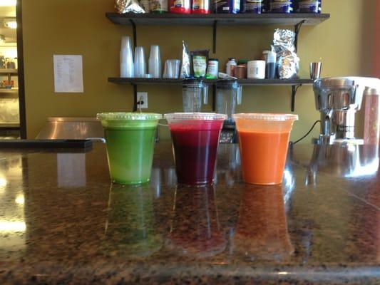 Fresh pressed juices!!  Green Meanie, Beet Blend and Signature Carrot Juice