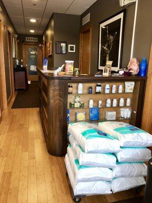 Our front desk area offering many natural supplements including CBD.