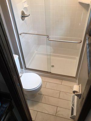 New bathroom floor and shower doors