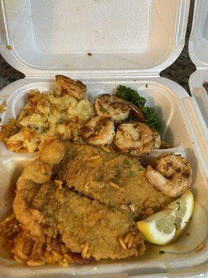 Fried flounder garlic shrimp macaroni and cheese