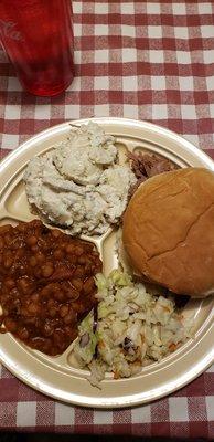 Pulled Pork Sandwich, Baked Beans, Potato Salad, Coleslaw