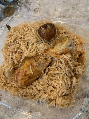 Authentic Syrian regional home made slow-cooked chicken on a bed of rice pilaf. Comes with 2 drumsticks (sorry, ate the other).