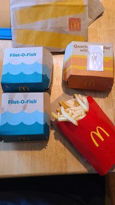 2 Filet-O-Fish ($5.09 regular price, 2nd one was $1), Quarter Pounder with Cheese ($5.39), & Lg Fries ($4.39)   08-07-2023