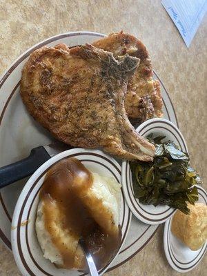 Fried pork chops, collard greens, mashed potatoes with gravy and corn muffin! Delicious