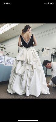 Alterations & tailoring specialty, including wedding gowns (custom French bustle shown), prom dresses, and other evening wear