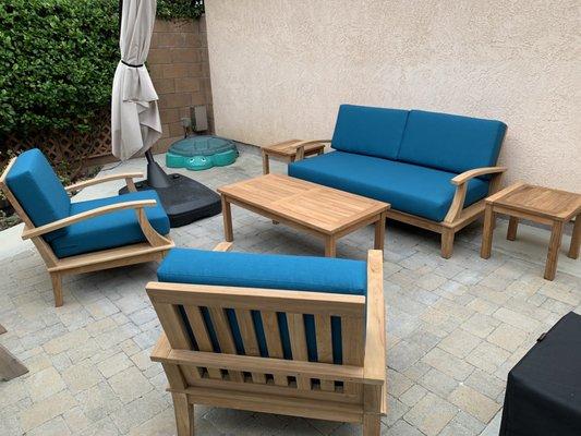 Tuscany teak set with Spectrum Peacock Sunbrella cushions