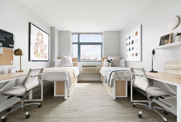 View of the shared bedroom in a renovated 1 or 2-bedroom apartment.