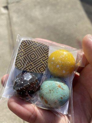 Top left- caramel pecan
 Top right- lemon
 Bottom left- fleur de les
 Bottom right- macadamia praline