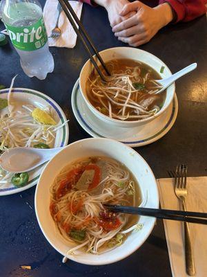 Two bowls of chicken pho and beef pho