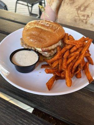 That's My Jam Burger with ground chicken patty and incredible sweet potato fries.