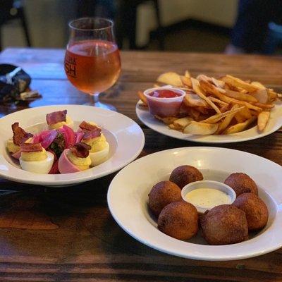 Fries, Deviled Eggs, and Sausage Poppers