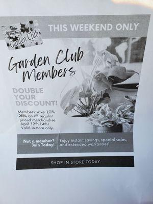 This Weekend For Garden Club Members or Sign Up Today.  FREE Membership I received by showing My BC/BS Medical card. Saturday 4/13/2024