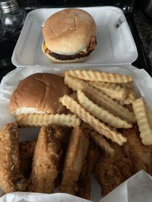 Bacon cheeseburger and 8 piece reg. Fried chicken basket. Let's get it