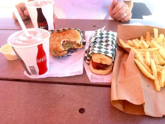 Burger, hot dog, fries and chocolate malt.