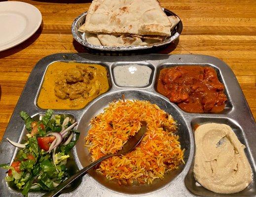 Arabic Thali: Chicken Makhani, Raita, Chicken Tikka Masala, Salad, Biryani Rice, Hummus, Naan