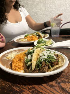 2 taco meal with rice and beans