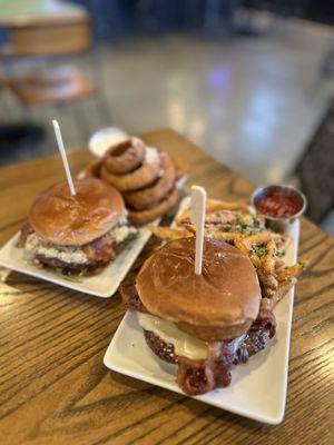 The Blue One Burger with Onion Rings and The Joy Burger with Parmesan Fries