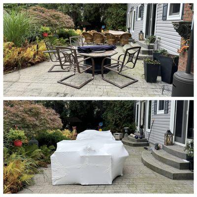 Happy Home Services NY provides expert shrink-wrapping for patio furniture, ensuring your outdoor pieces are protected from winter weather.