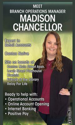 Madison Chancellor serves as Branch Operations Manager for HOMEBANK's Canton Branch.