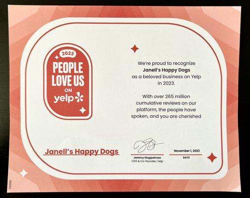 I am so grateful and honored! Thank you to Jeremy Stoppelman (CEO & Co-Founder of Yelp) and my clients.